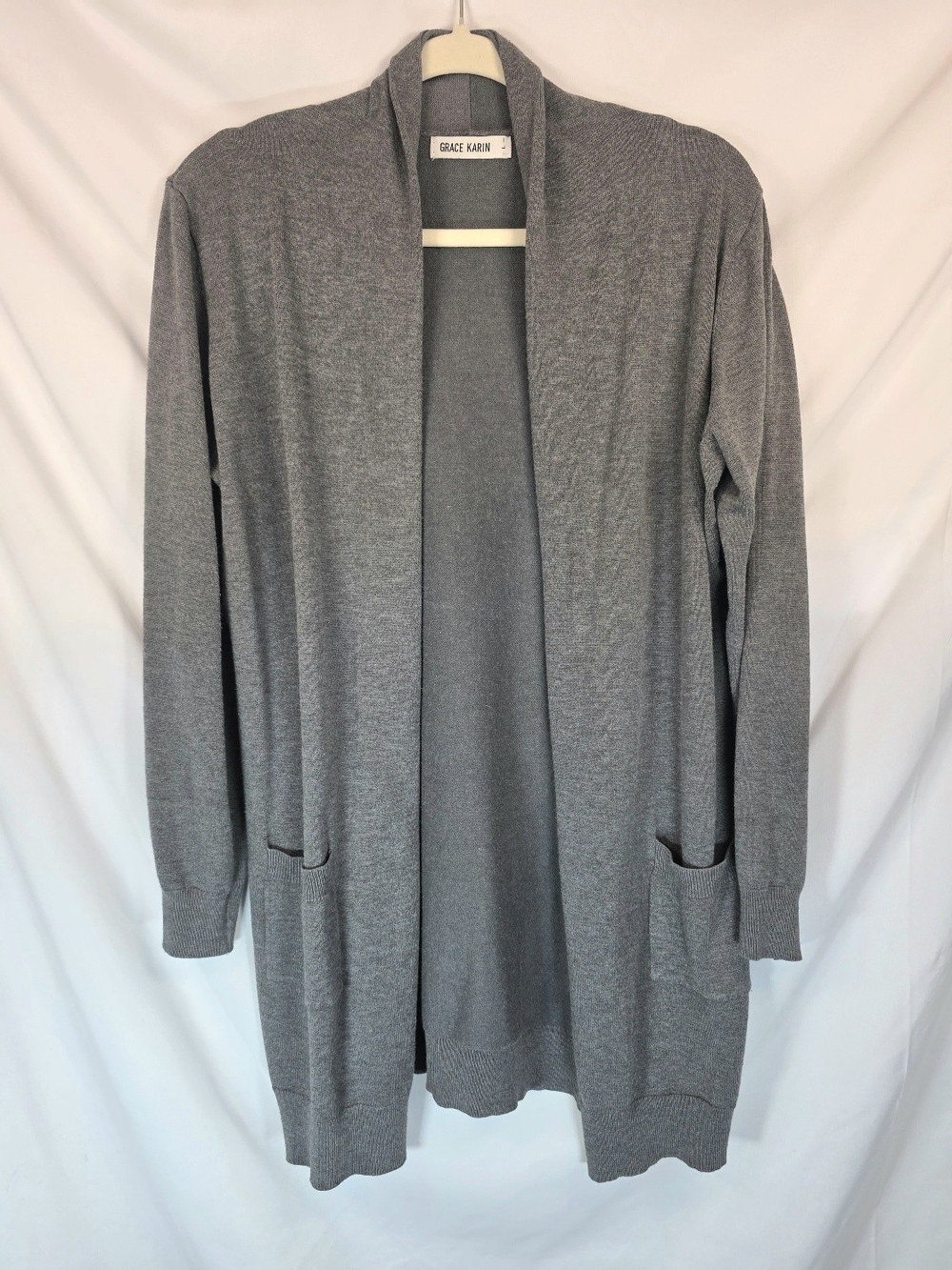 Grace Karin Womens L Grey Duster Cardigan Open Front Long Knit Sweater Pockets
